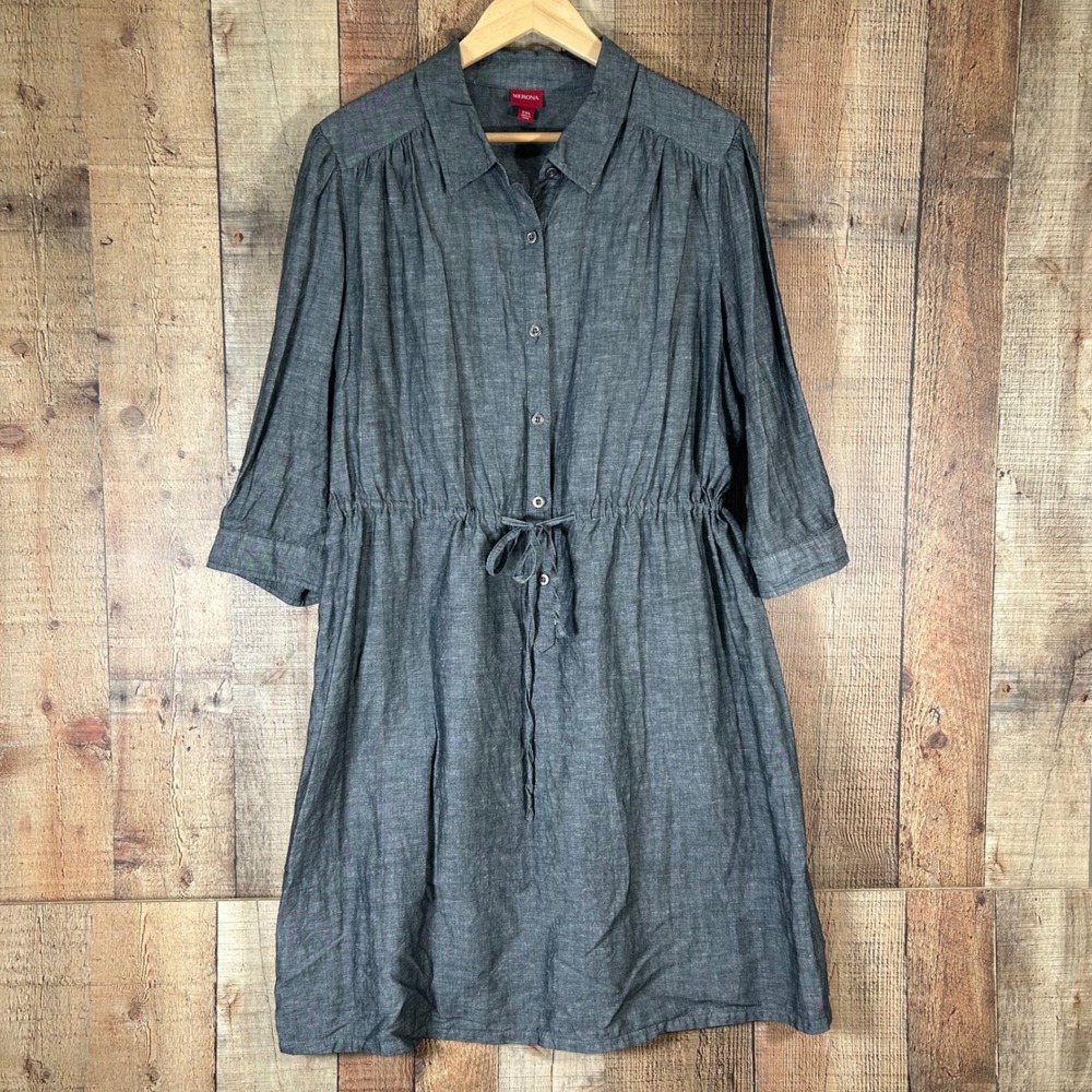 Merona Womens XXL Gray Linen Cotton Blend Button Down Shirt Dress Plus Career